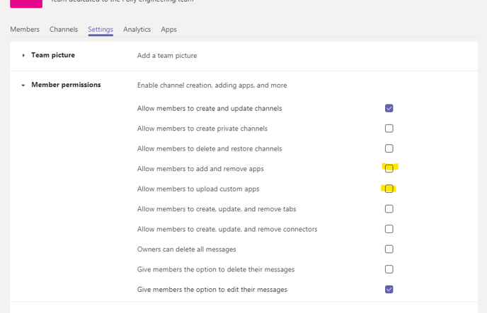 Settings and member permissions